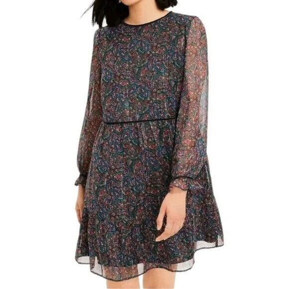 Loft Swing Dress Size M Paisley Shimmer Sheer Sleeves Velvet Trim Lightweight - Picture 1 of 10